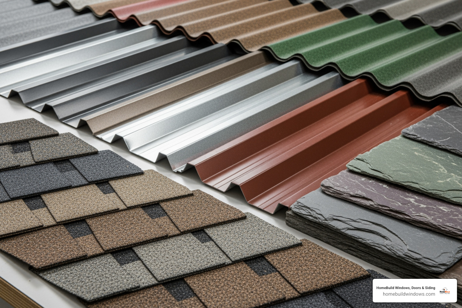 display showing samples of different roofing materials like asphalt, metal, and slate - residential roofers in my area