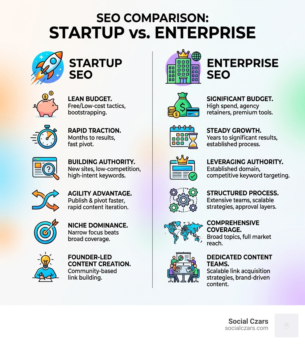 infographic comparing startup seo and enterprise seo - seo for entrepreneurs and startups infographic 