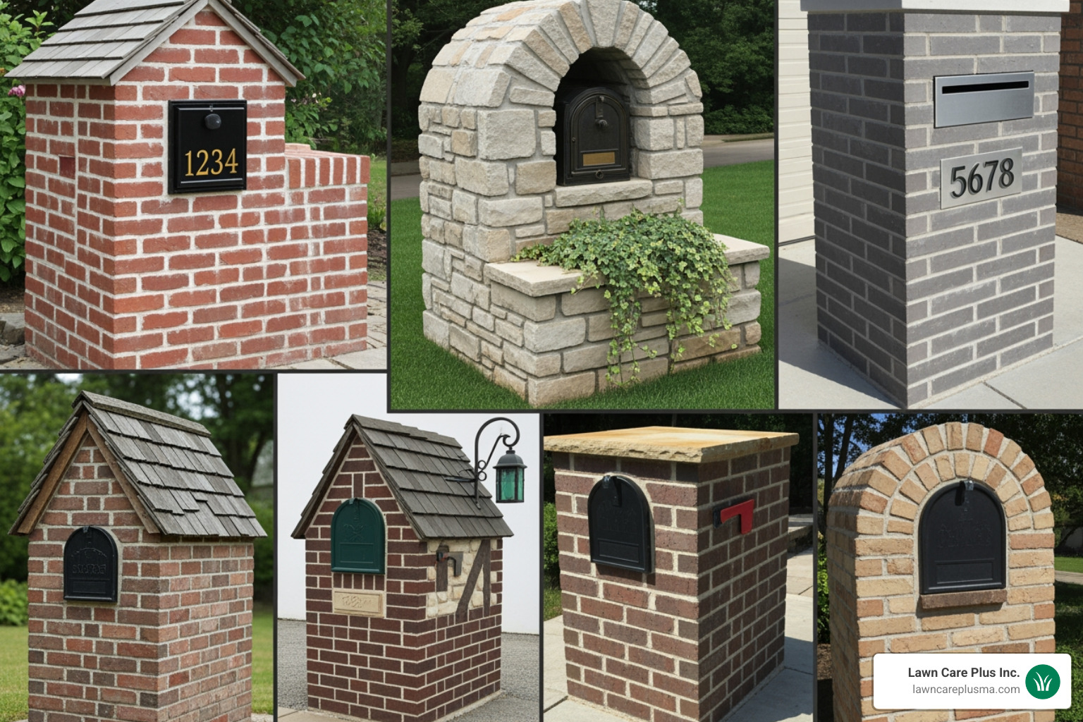 collage showcasing different brick mailbox designs - brick mailbox contractors near me