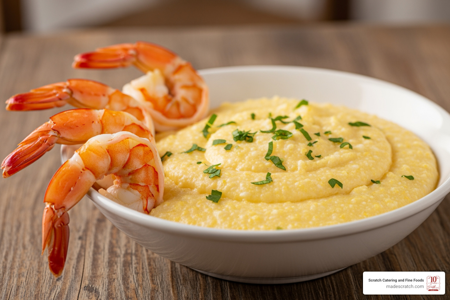 Fresh, large USA shrimp and a bowl of creamy stone-ground grits with fresh herbs - catering shrimp and grits