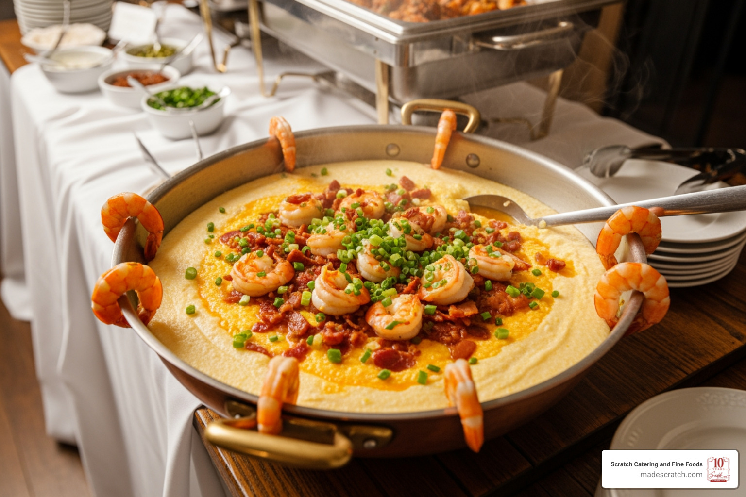 Map of the American South highlighting different shrimp and grits styles, with markers for Charleston/Lowcountry, New Orleans, and a general Texas region - catering shrimp and grits