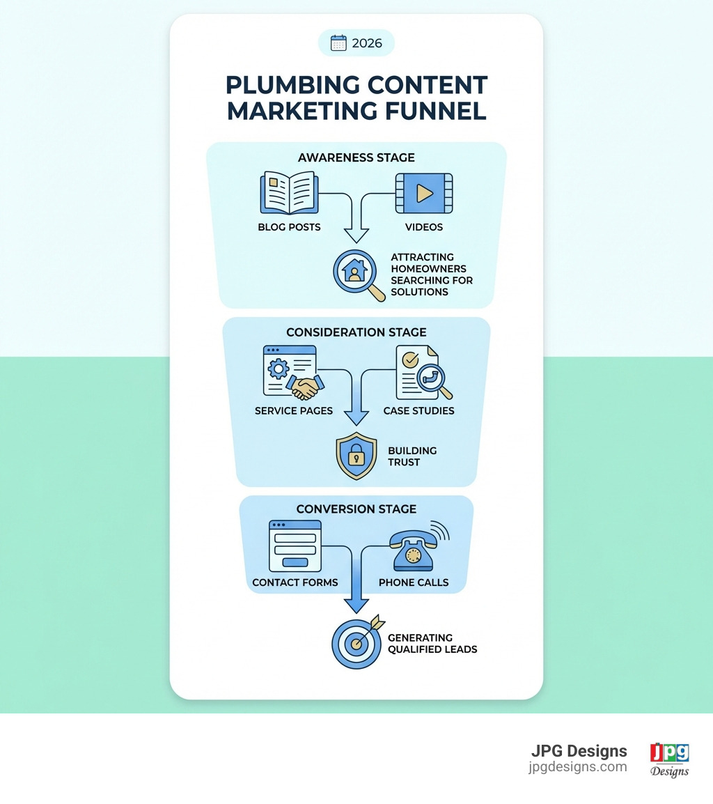 Infographic showing the plumbing content marketing funnel: Awareness stage with blog posts and videos attracting homeowners searching for solutions, Consideration stage with service pages and case studies building trust, and Conversion stage with contact forms and phone calls generating qualified leads - plumbing content marketing infographic 