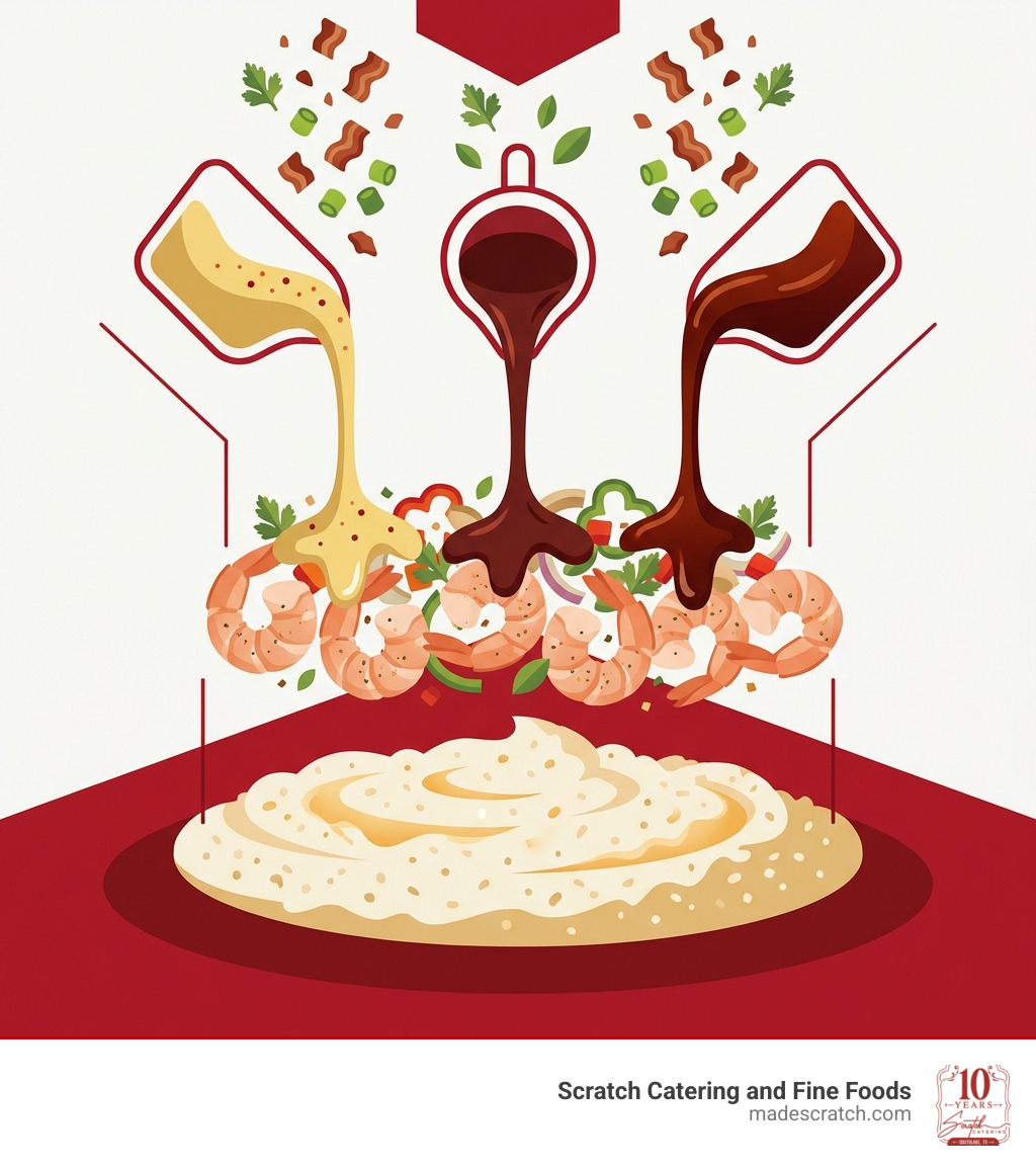 Infographic showing the three essential components of catered shrimp and grits: the base layer of creamy, cheesy stone-ground grits; the protein layer of seasoned, perfectly cooked shrimp with vegetables; and the finishing sauce layer with options like Cajun hollandaise, red-eye gravy, or BBQ-style sauce, with optional garnishes of bacon, green onions, and fresh herbs - catering shrimp and grits infographic 