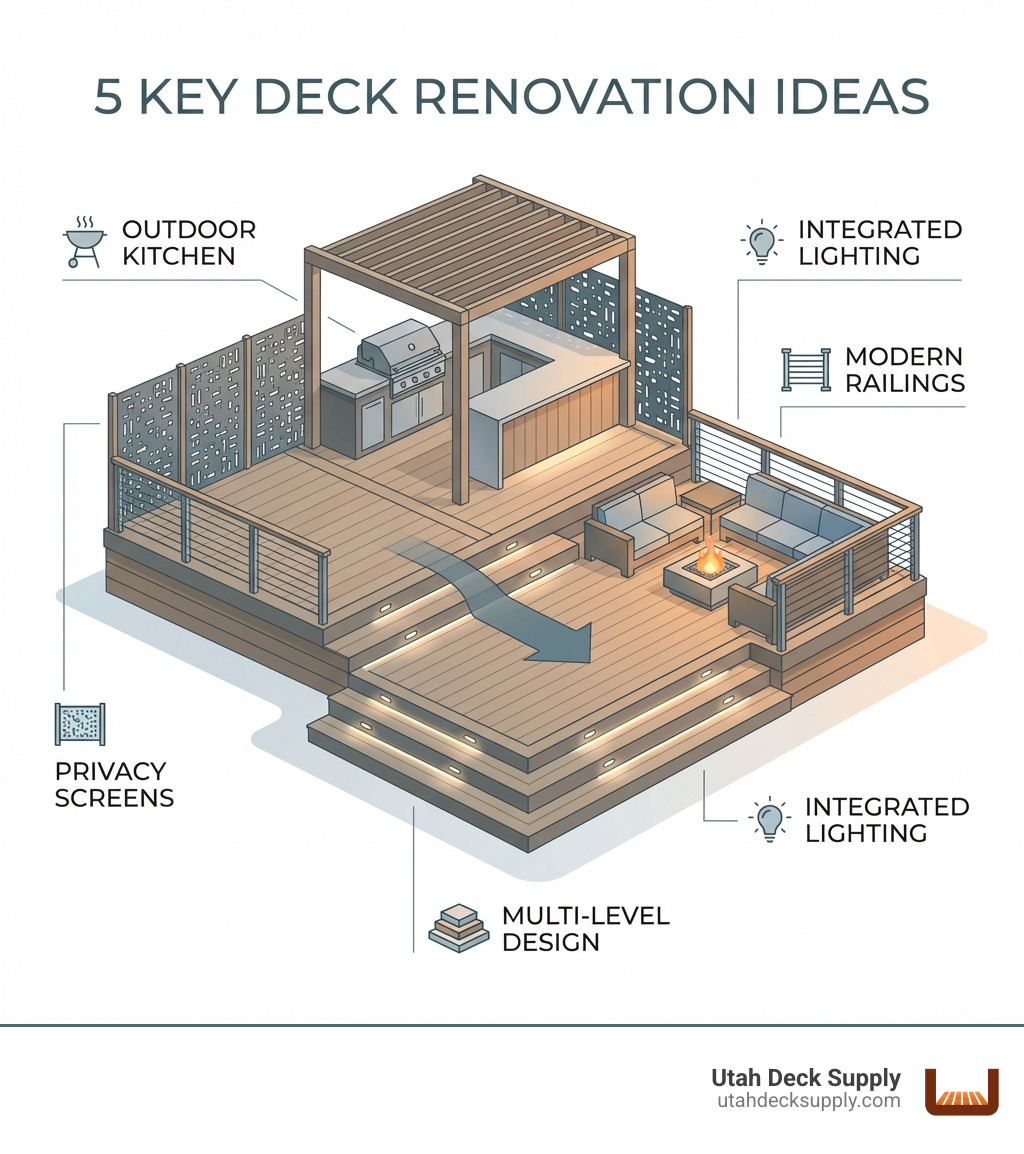 infographic illustrating 5 key renovation ideas: Multi-Level Design, Outdoor Kitchen, Integrated Lighting, Modern Railings, and Privacy Screens - deck renovation ideas infographic infographic illustrating 5 key renovation ideas: Multi-Level Design, Outdoor Kitchen, Integrated Lighting, Modern Railings, and Privacy Screens - deck renovation ideas infographic