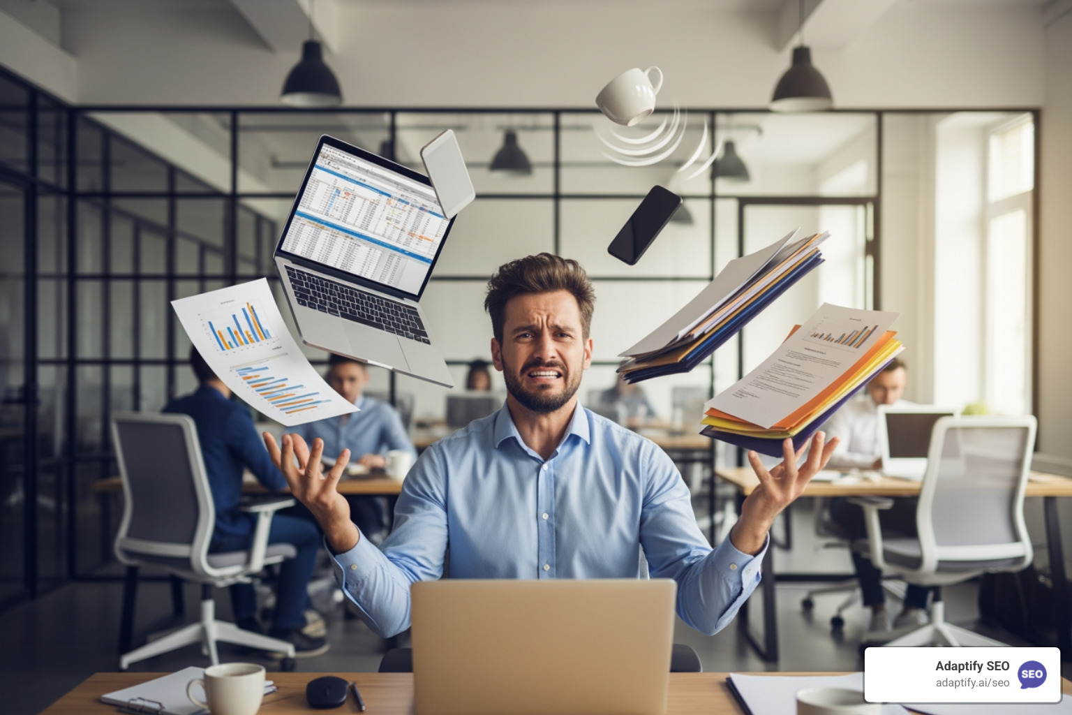 stressed agency owner juggling tasks - white label seo software