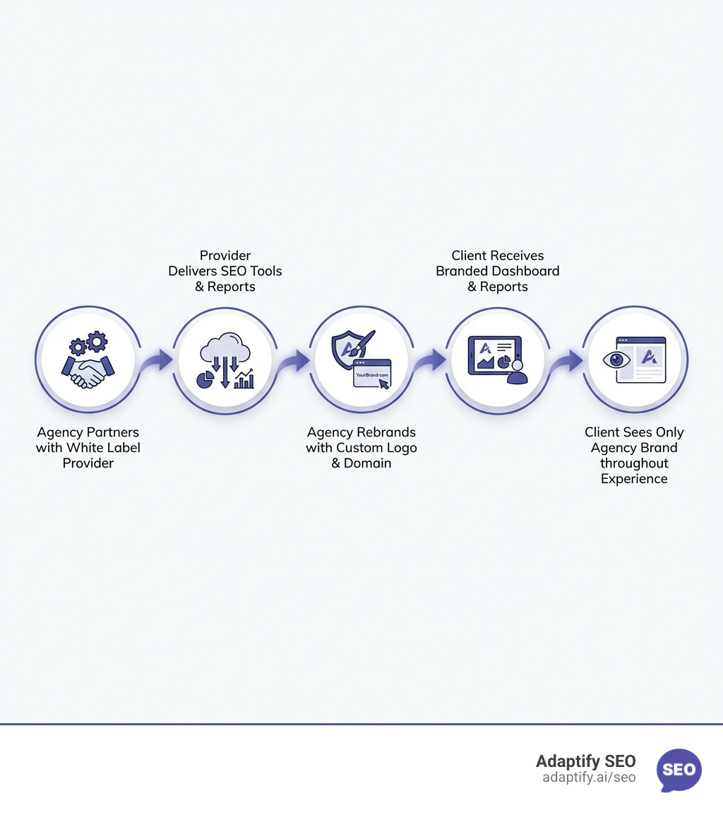 Infographic showing white label SEO workflow: Agency partners with white label provider → Provider delivers SEO tools and reports → Agency rebrands with custom logo and domain → Client receives branded dashboard and reports → Client sees only agency brand throughout experience - white label seo software infographic
