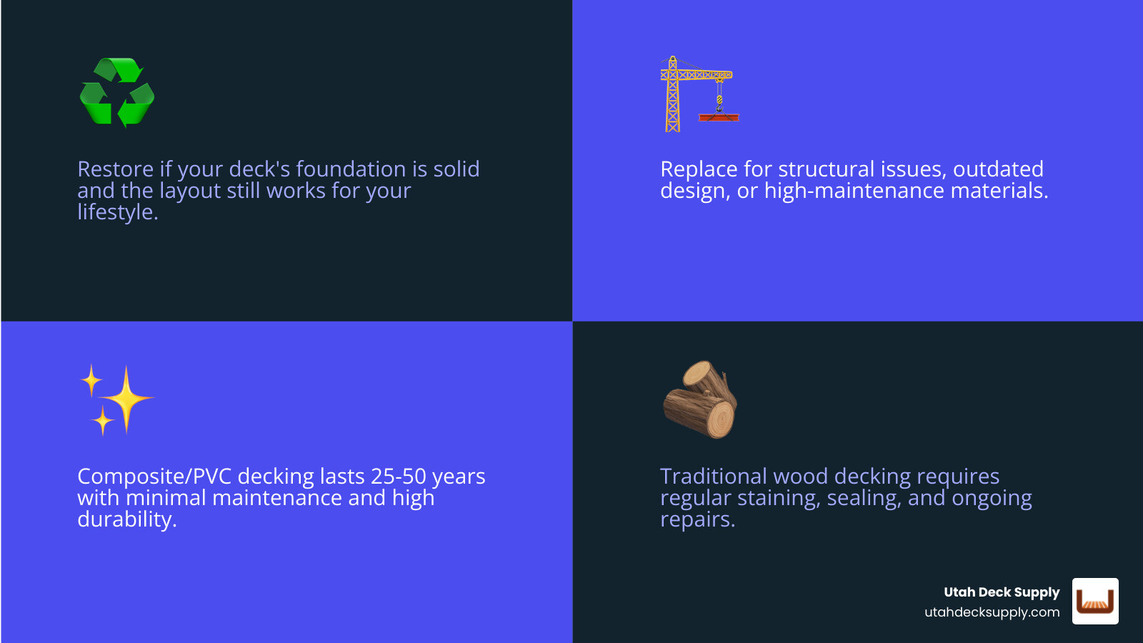 Comprehensive deck renovation ideas infographic showing multi-zone deck layouts, composite decking lifespan comparison chart, modern railing style examples, integrated lighting placement diagram, and outdoor kitchen configuration options with material selection guide for Utah climate - deck renovation ideas infographic 4_facts_emoji_blue Comprehensive deck renovation ideas infographic showing multi-zone deck layouts, composite decking lifespan comparison chart, modern railing style examples, integrated lighting placement diagram, and outdoor kitchen configuration options with material selection guide for Utah climate - deck renovation ideas infographic 4_facts_emoji_blue