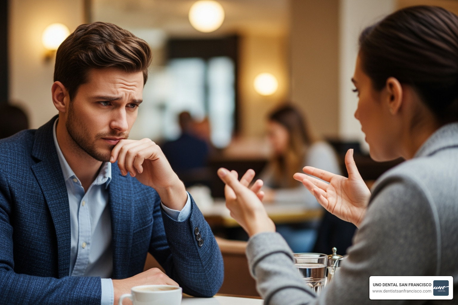 person looking concerned in a social situation while someone talks - bad breath clinic san francisco person looking concerned in a social situation while someone talks - bad breath clinic san francisco