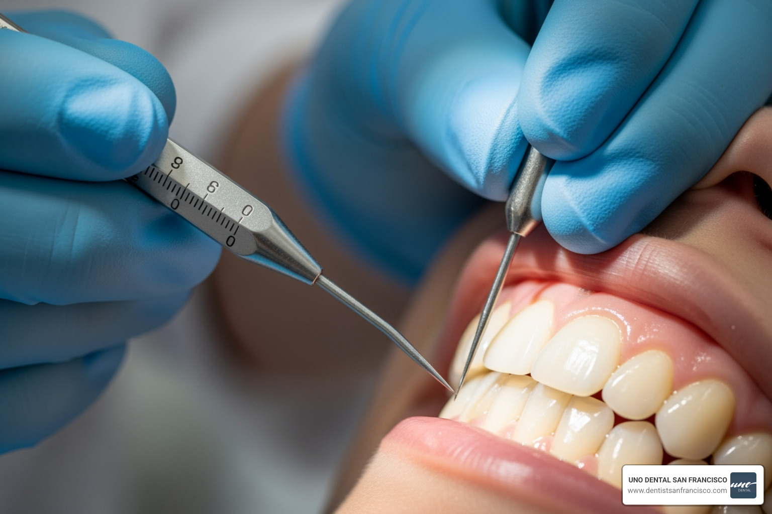 dentist using a periodontal probe to check gum health - bad breath clinic san francisco dentist using a periodontal probe to check gum health - bad breath clinic san francisco