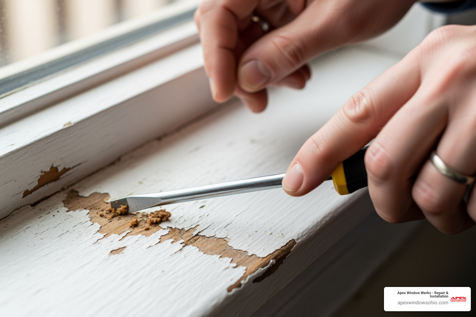 homeowner using a screwdriver to test for soft, rotted wood on a window sill - wood window repair
