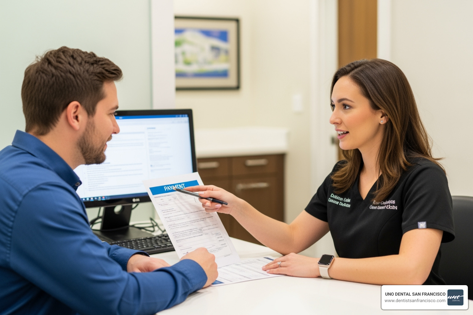 of a person discussing payment options at a dental office - dental veneers pros and cons of a person discussing payment options at a dental office - dental veneers pros and cons