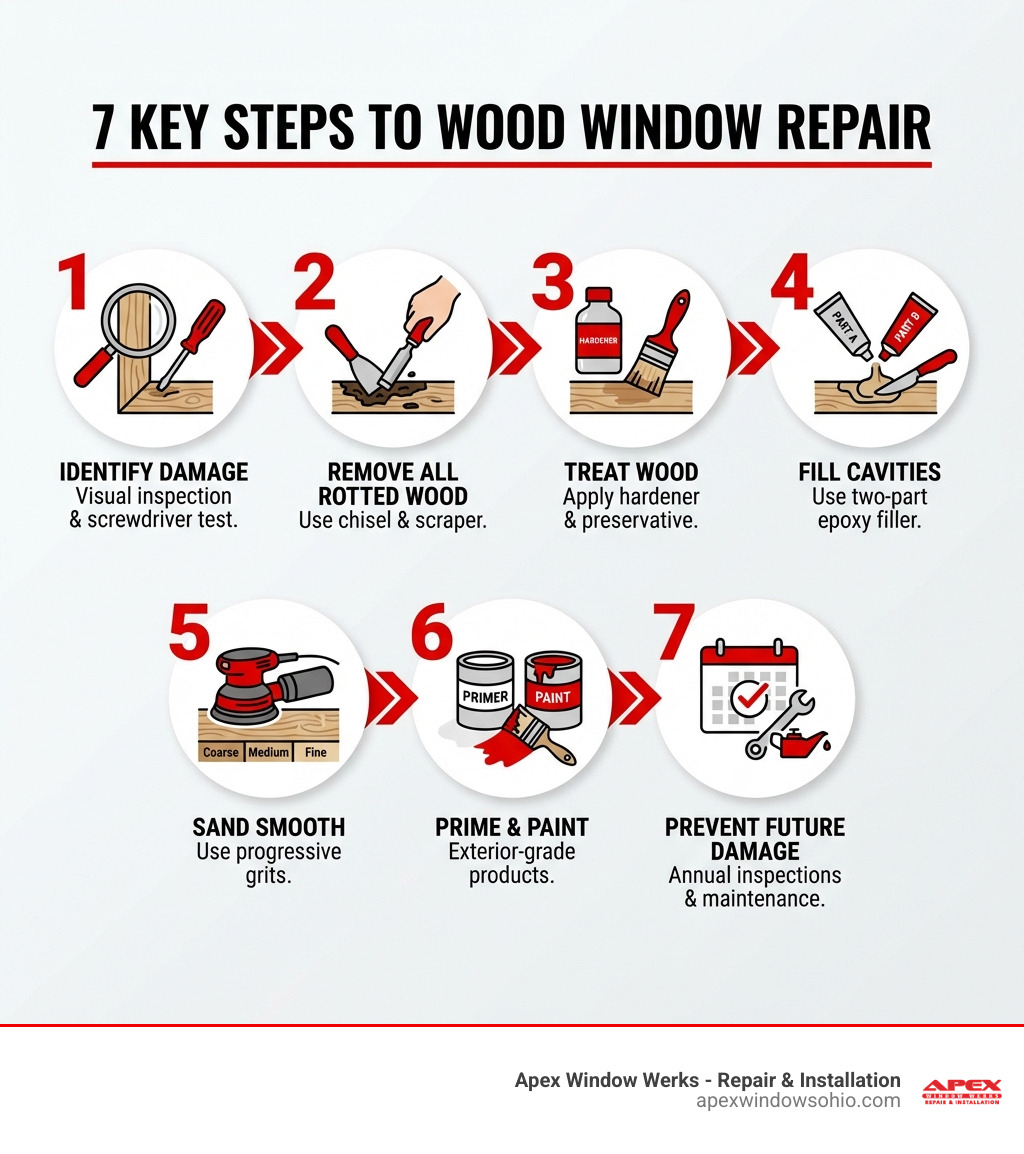 Infographic showing the 7 key steps to wood window repair: 1. Identify damage with visual inspection and screwdriver test, 2. Remove all rotted wood with chisel and scraper, 3. Treat wood with hardener and preservative, 4. Fill cavities with two-part epoxy filler, 5. Sand smooth with progressive grits, 6. Prime and paint with exterior-grade products, 7. Prevent future damage with annual inspections and maintenance - wood window repair infographic 