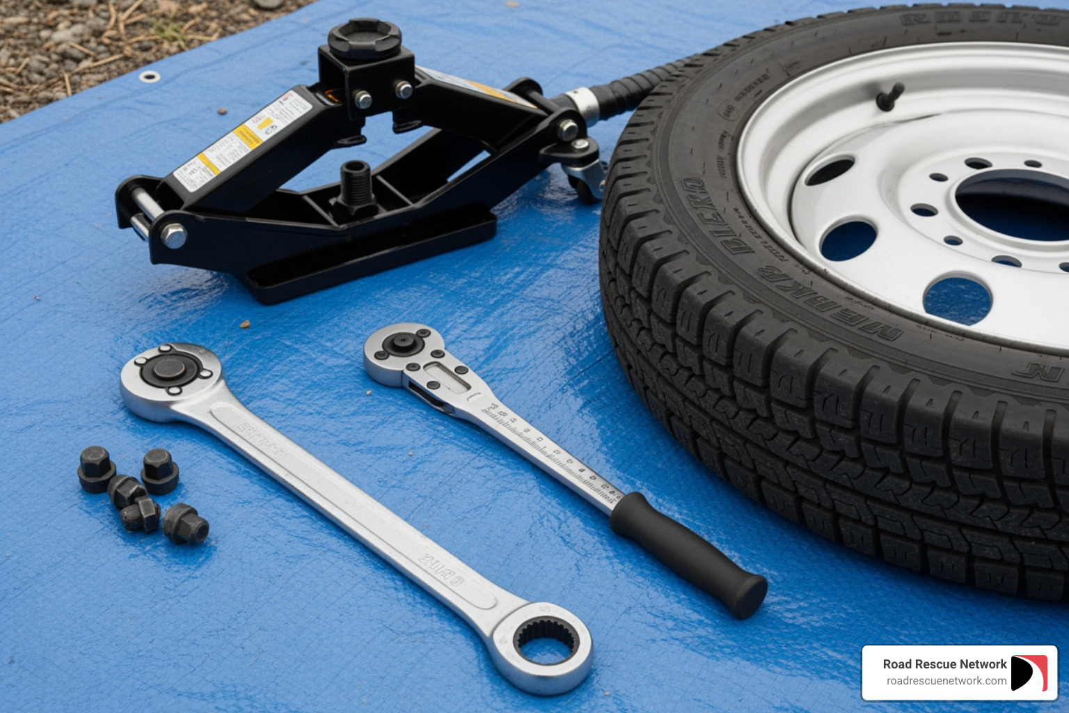 All necessary tools laid out on a tarp for trailer tire installation - trailer tire installation