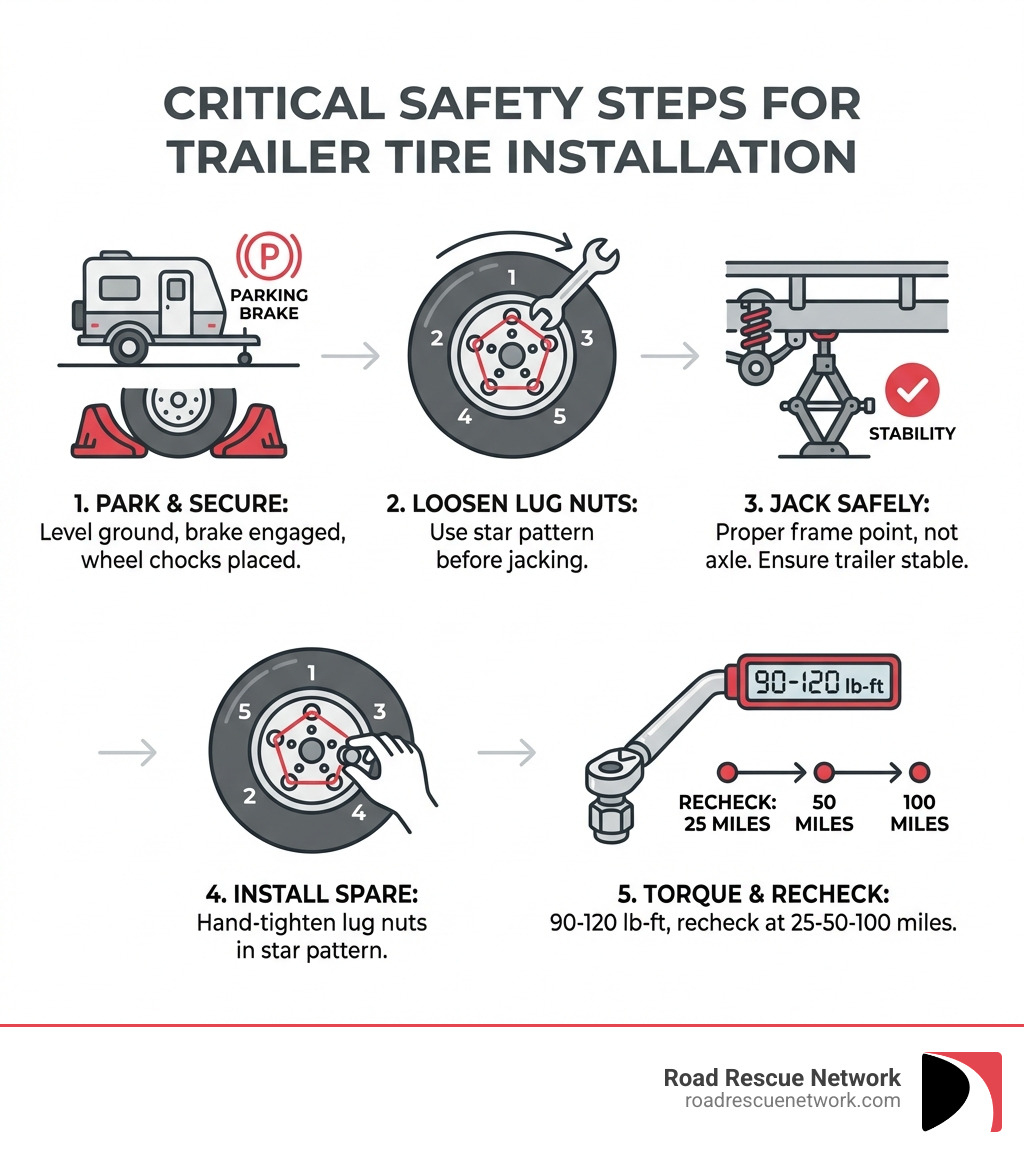 Infographic showing the 5 critical safety steps for trailer tire installation: 1. Park on level ground with parking brake engaged and wheel chocks placed, 2. Loosen lug nuts before jacking using star pattern, 3. Jack at proper frame point not axle with trailer stable, 4. Install spare and hand-tighten lug nuts in star pattern, 5. Torque to 90-120 lb-ft and recheck at 25-50-100 miles - trailer tire installation infographic 