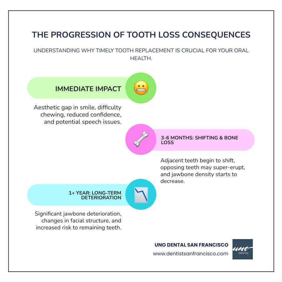 Infographic showing the progression of tooth loss consequences: immediate impact (gap in smile, difficulty chewing), 3-6 months (adjacent teeth begin shifting, bone loss starts), 1+ years (significant jawbone deterioration, facial structure changes, remaining teeth at risk), alongside benefits of timely replacement (preserved bone density, stable adjacent teeth, maintained facial contours, restored function) - Tooth replacement San Francisco infographic infographic-line-3-steps-colors Infographic showing the progression of tooth loss consequences: immediate impact (gap in smile, difficulty chewing), 3-6 months (adjacent teeth begin shifting, bone loss starts), 1+ years (significant jawbone deterioration, facial structure changes, remaining teeth at risk), alongside benefits of timely replacement (preserved bone density, stable adjacent teeth, maintained facial contours, restored function) - Tooth replacement San Francisco infographic infographic-line-3-steps-colors