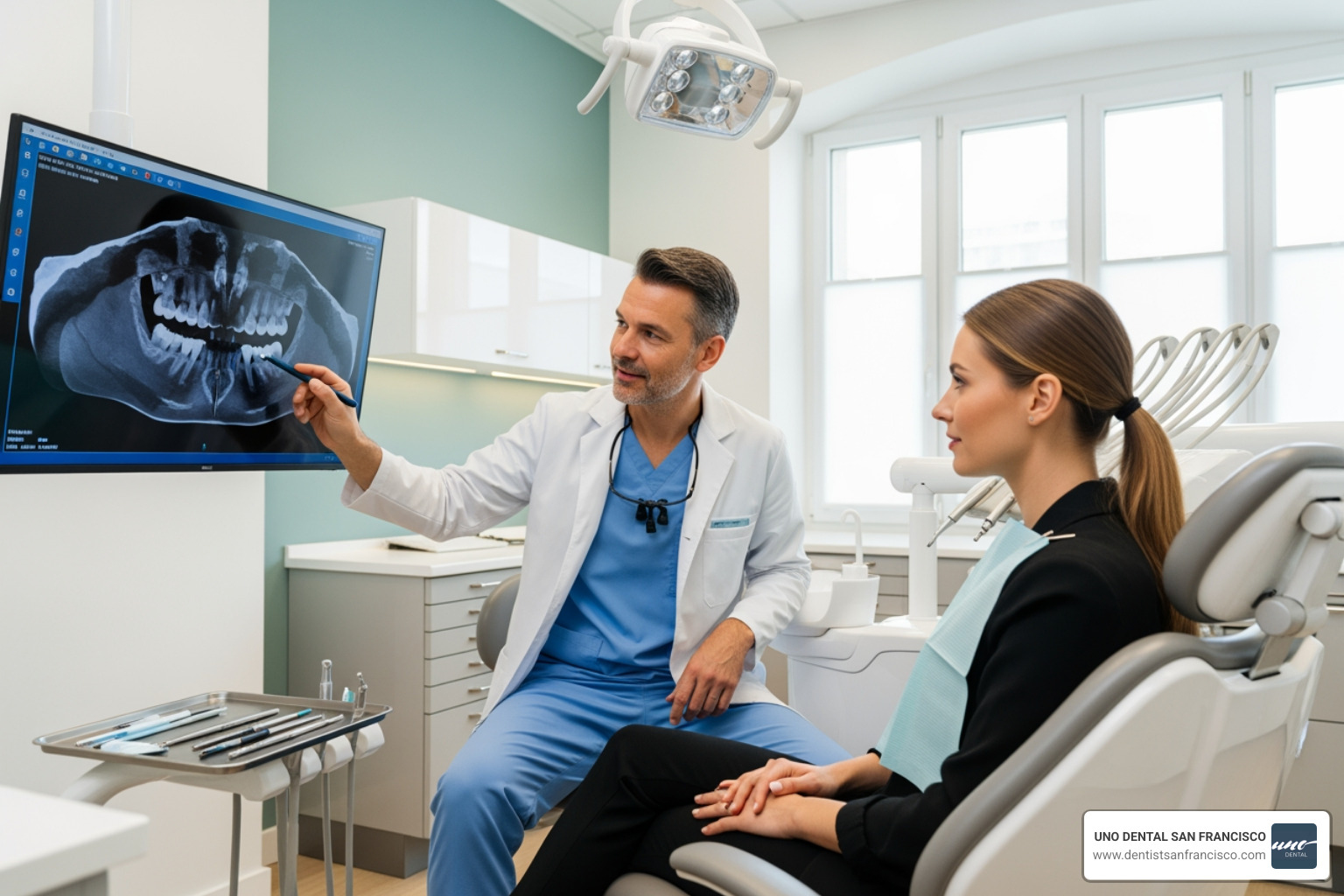 Dentist explaining CT scan to patient - Tooth replacement San Francisco Dentist explaining CT scan to patient - Tooth replacement San Francisco