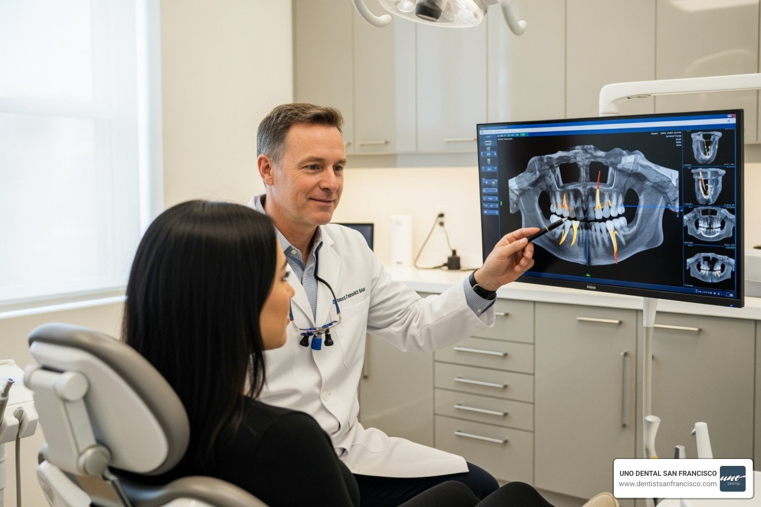 dentist consulting with a patient over a 3D CBCT scan - Dental implant cost SF dentist consulting with a patient over a 3D CBCT scan - Dental implant cost SF