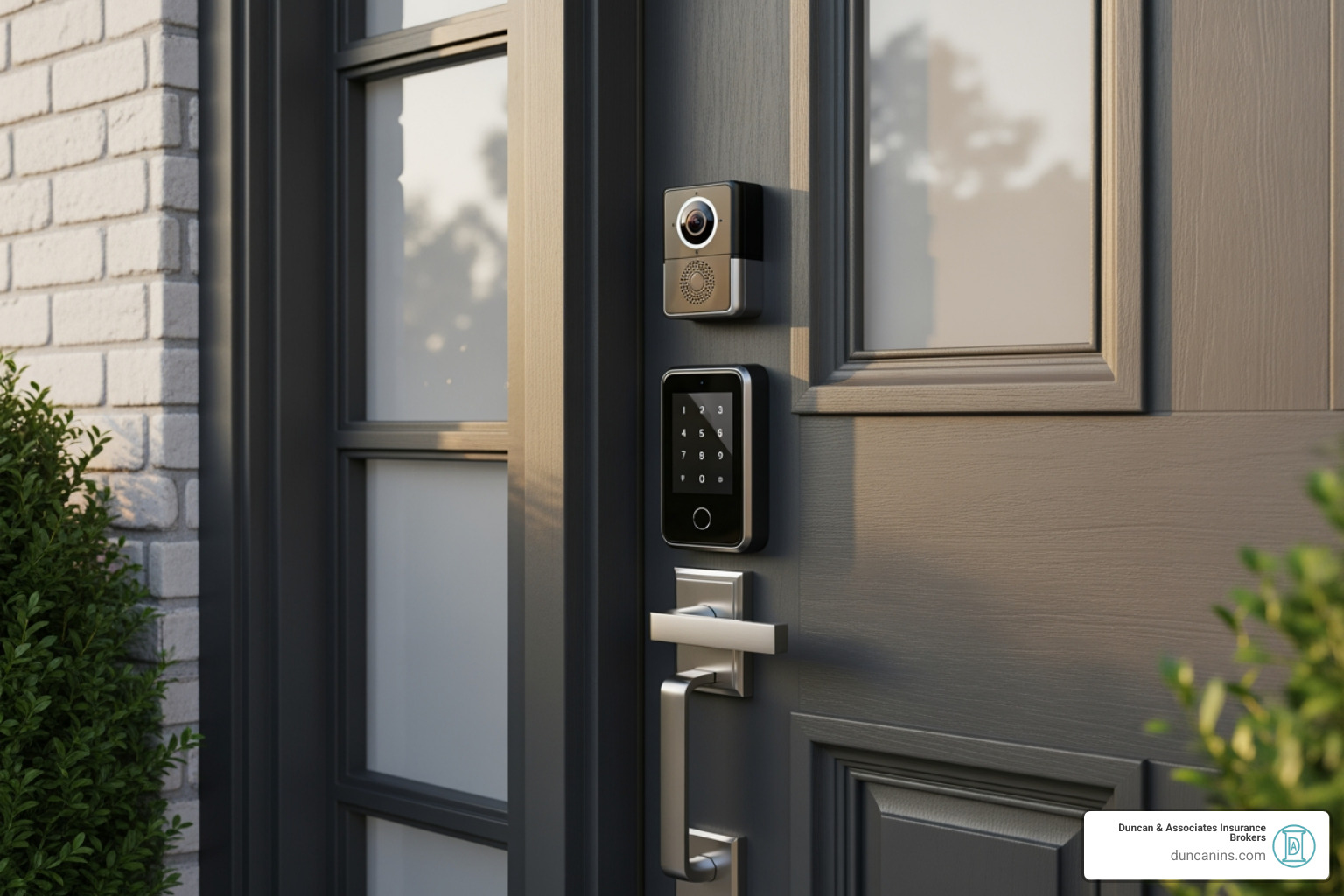 smart lock and doorbell camera on a front door - vacant rental property
