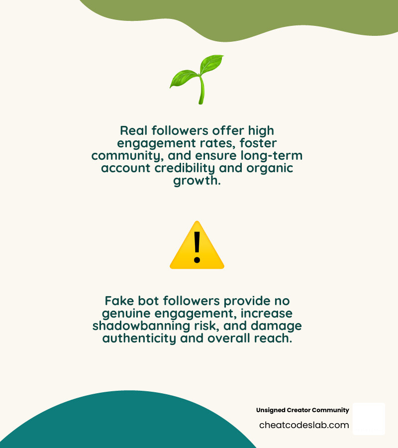 infographic comparing real engaged followers versus fake bot followers showing metrics like engagement rate, account longevity, and interaction quality - app to boost instagram followers infographic 2_facts_emoji_nature