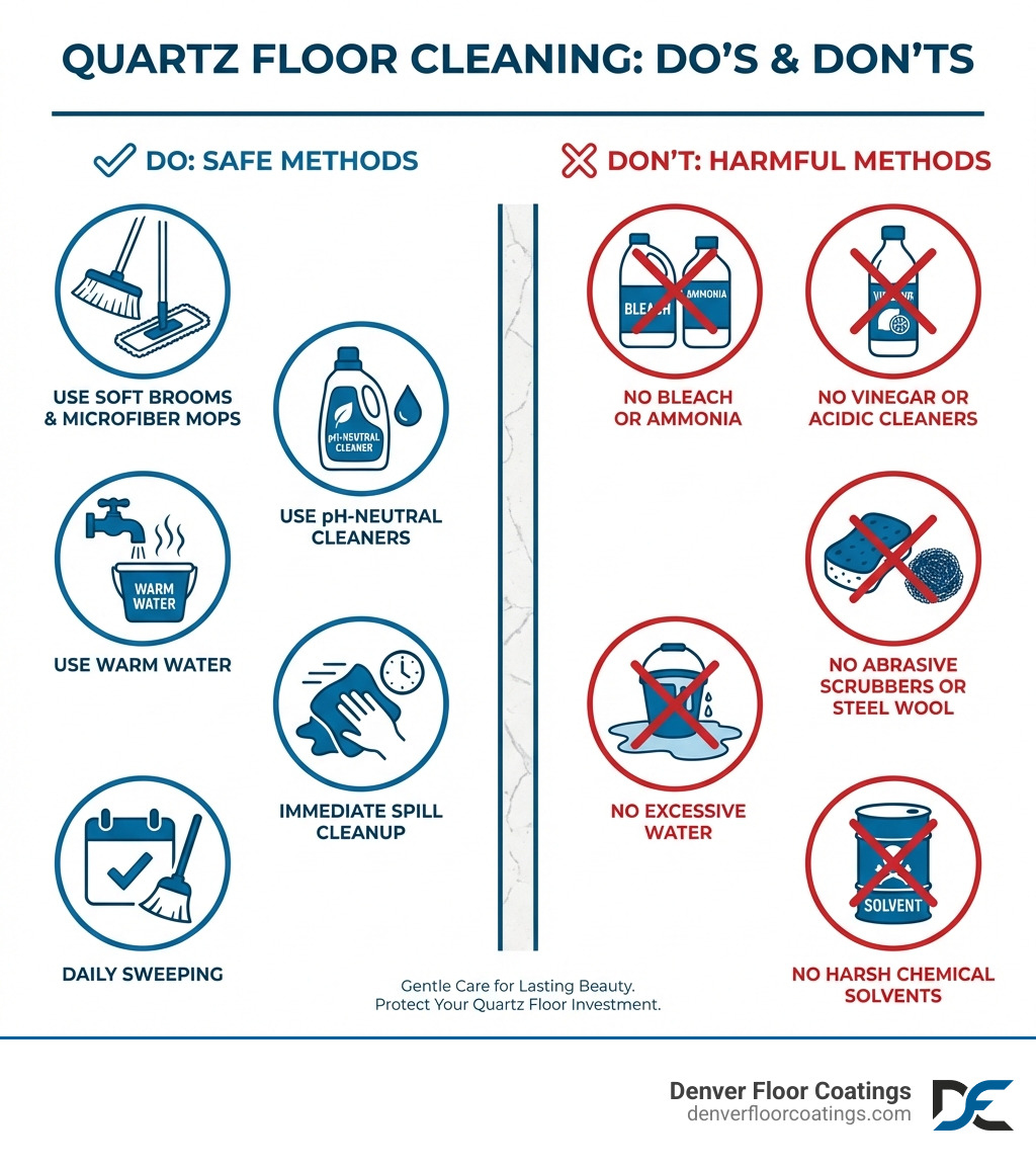 Infographic showing quartz floor cleaning do's and don'ts: DO use soft brooms and microfiber mops, pH-neutral cleaners, warm water, immediate spill cleanup, and daily sweeping; DON'T use bleach or ammonia, vinegar or acidic cleaners, abrasive scrubbers or steel wool, excessive water, or harsh chemical solvents - how to clean quartz floor tiles infographic Infographic showing quartz floor cleaning do's and don'ts: DO use soft brooms and microfiber mops, pH-neutral cleaners, warm water, immediate spill cleanup, and daily sweeping; DON'T use bleach or ammonia, vinegar or acidic cleaners, abrasive scrubbers or steel wool, excessive water, or harsh chemical solvents - how to clean quartz floor tiles infographic