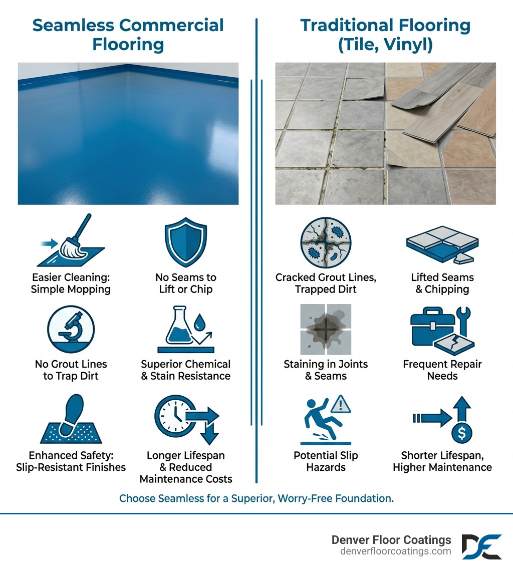 Infographic showing the benefits of seamless commercial flooring compared to traditional flooring: seamless systems have no grout lines to trap dirt, no seams to lift or chip, easier cleaning with simple mopping, superior chemical and stain resistance, enhanced safety with slip-resistant finishes, and longer lifespan with reduced maintenance costs, while traditional tile or vinyl flooring shows cracked grout lines, lifted seams, staining in joints, and frequent repair needs - seamless commercial flooring infographic Infographic showing the benefits of seamless commercial flooring compared to traditional flooring: seamless systems have no grout lines to trap dirt, no seams to lift or chip, easier cleaning with simple mopping, superior chemical and stain resistance, enhanced safety with slip-resistant finishes, and longer lifespan with reduced maintenance costs, while traditional tile or vinyl flooring shows cracked grout lines, lifted seams, staining in joints, and frequent repair needs - seamless commercial flooring infographic