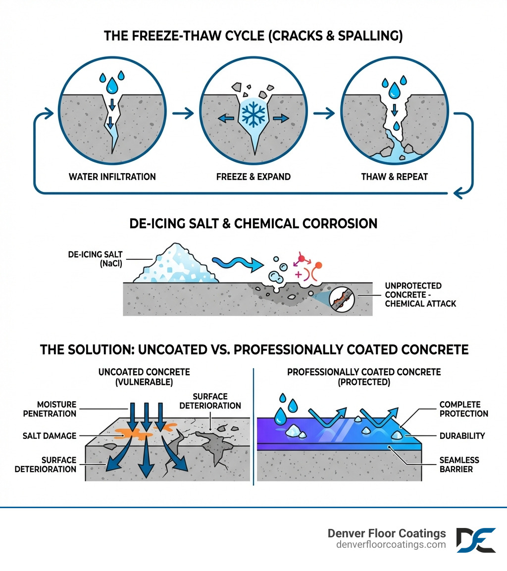 infographic showing the freeze-thaw cycle: water enters concrete cracks, freezes and expands causing spalling, then thaws and repeats; alongside a diagram of how de-icing salt chemically corrodes unprotected concrete surfaces, and a comparison of uncoated vs. professionally coated concrete showing moisture penetration, salt damage, and surface deterioration versus complete protection and durability - winter floor solutions infographic 