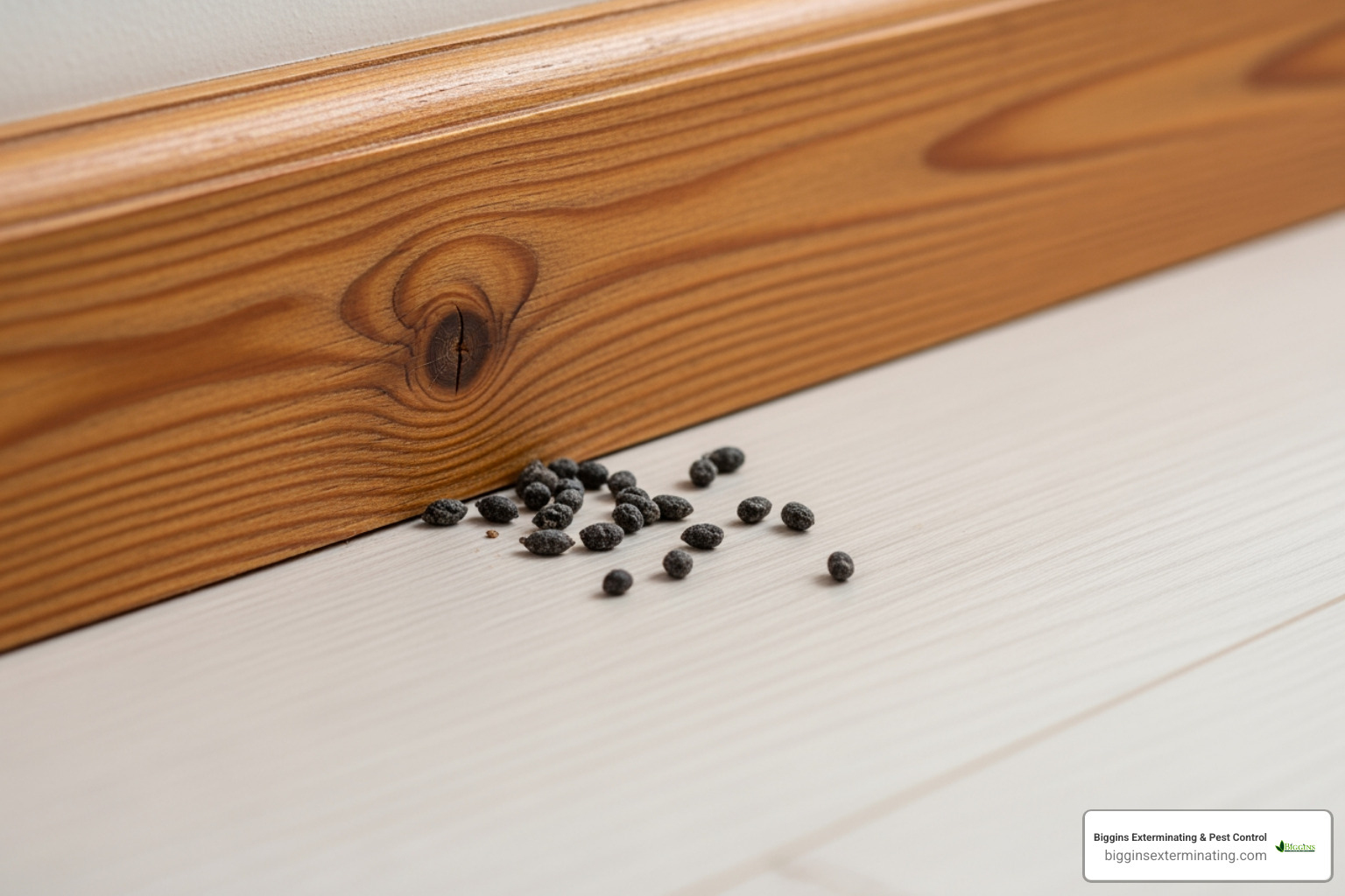 Mouse droppings near a baseboard - Bedford pest removal service