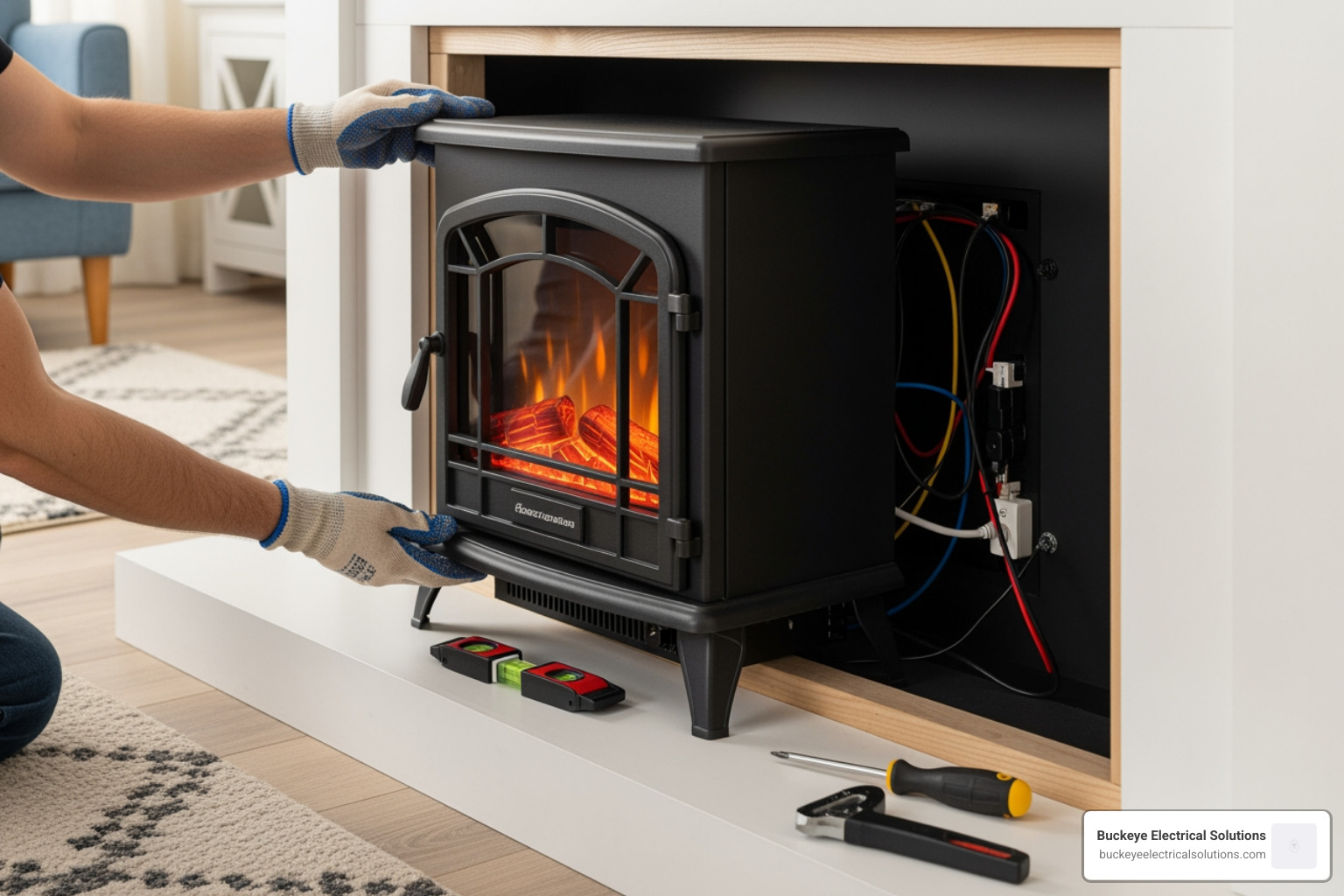 Tools and materials laid out neatly, including a tape measure, level, stud finder, and drill - how to install electric fireplace