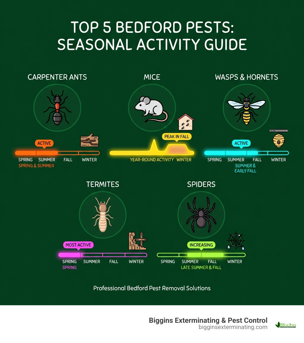 Infographic showing the 5 most common Bedford pests: carpenter ants active in spring and summer, mice active year-round with fall peaks, wasps and hornets active in summer and early fall, termites most active in spring, and spiders increasing in late summer and fall - Bedford pest removal service infographic 