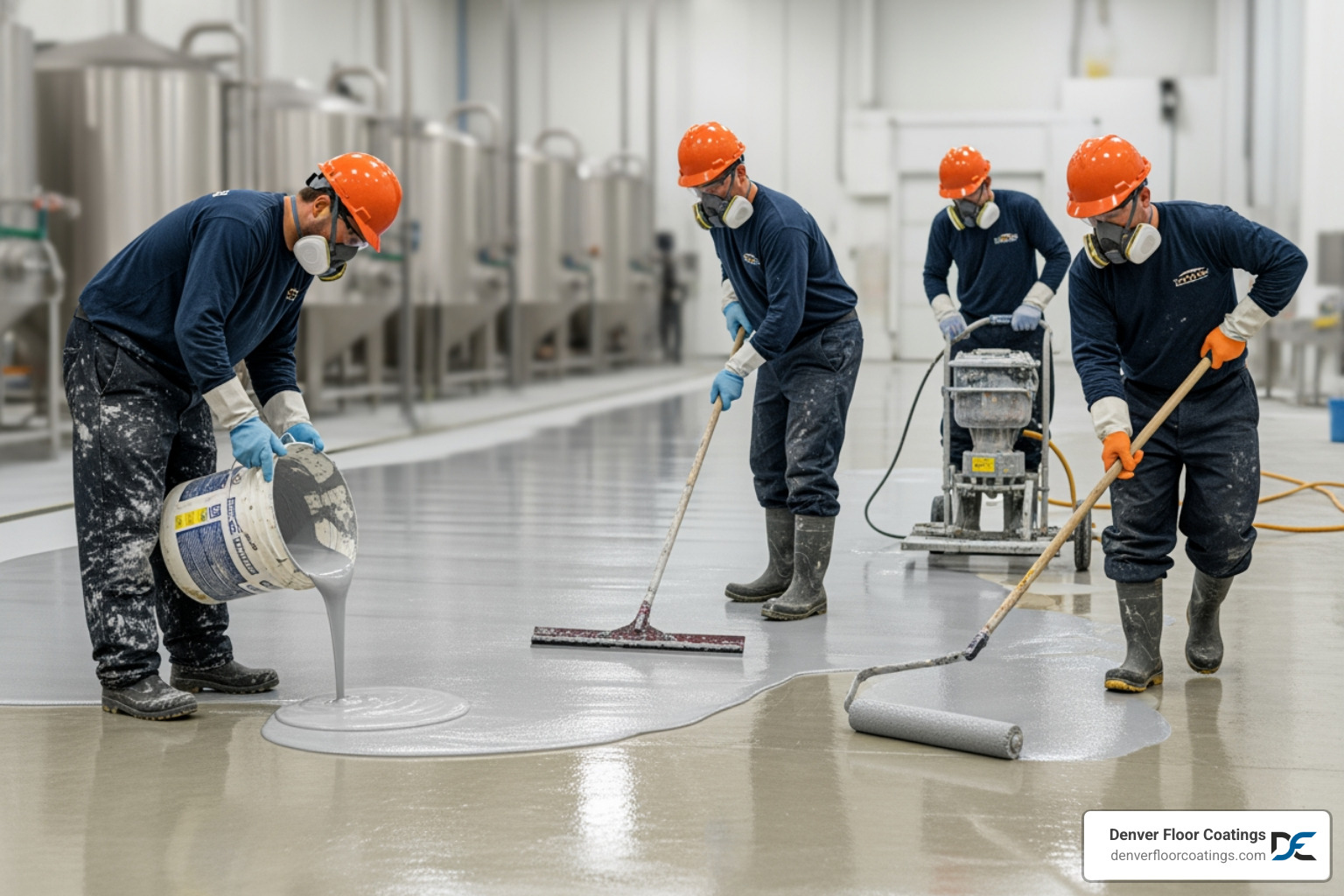 Professional crew installing a commercial floor coating - food and beverage processing floors