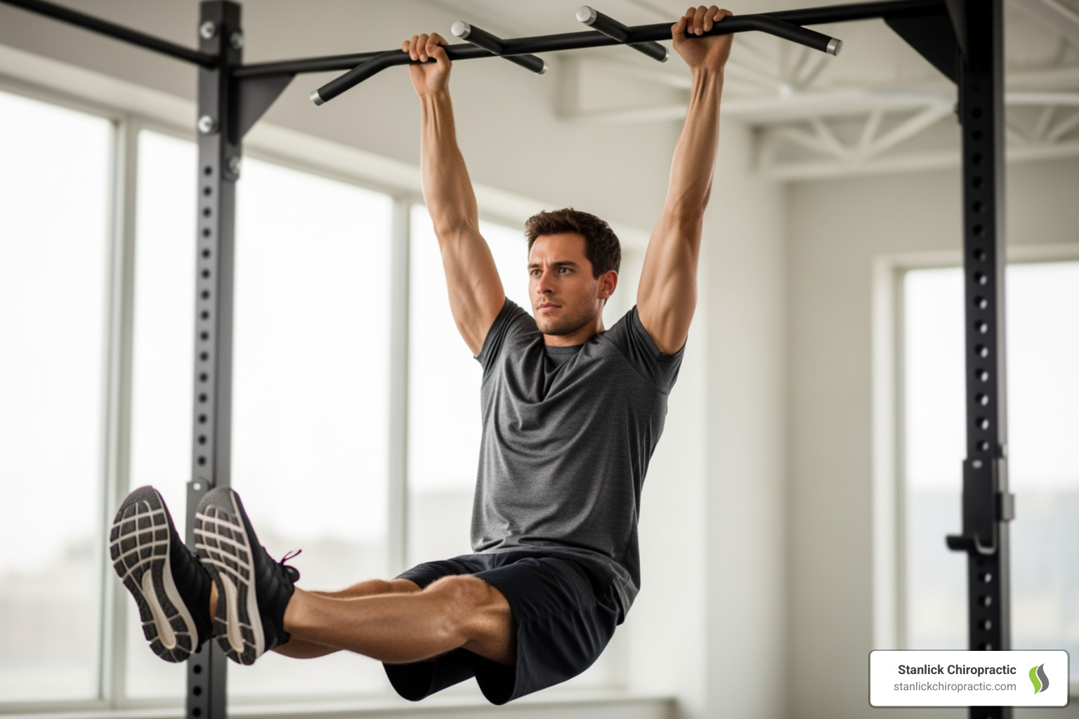 person hanging from a pull-up bar - how to decompress spine