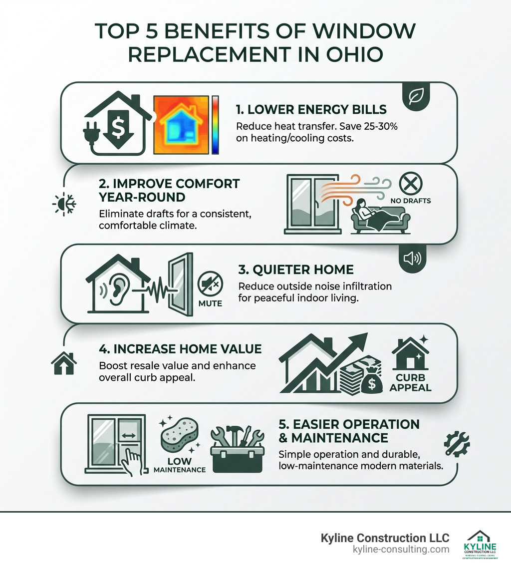 Infographic showing the top 5 benefits of window replacement in Ohio: 1. Lower energy bills by reducing heat transfer (25-30% of home heating/cooling costs), 2. Eliminate drafts and improve comfort year-round, 3. Reduce outside noise for a quieter home, 4. Increase home resale value and curb appeal, 5. Easier operation and low maintenance with modern materials - replacement windows cincinnati ohio infographic 