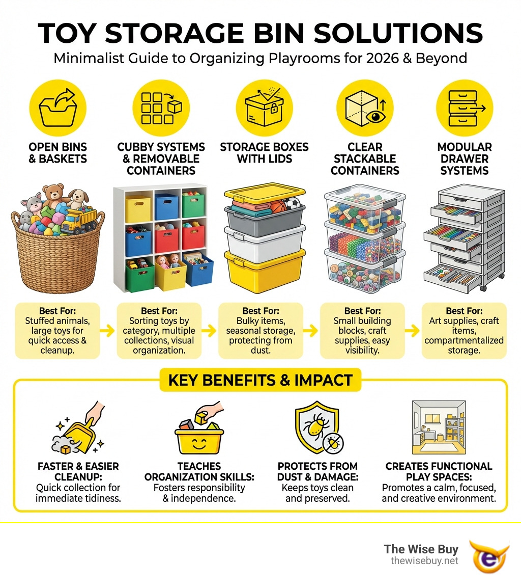 infographic showing types of toy storage bins including open bins for stuffed animals, cubby systems with removable containers for sorting toys by category, storage boxes with lids for bulky items and seasonal storage, clear stackable containers for small building blocks and craft supplies, and modular drawer systems for art supplies, with icons showing benefits like easy cleanup, teaching organization skills, protecting toys from dust, and creating functional play spaces - Toy storage bins infographic infographic showing types of toy storage bins including open bins for stuffed animals, cubby systems with removable containers for sorting toys by category, storage boxes with lids for bulky items and seasonal storage, clear stackable containers for small building blocks and craft supplies, and modular drawer systems for art supplies, with icons showing benefits like easy cleanup, teaching organization skills, protecting toys from dust, and creating functional play spaces - Toy storage bins infographic