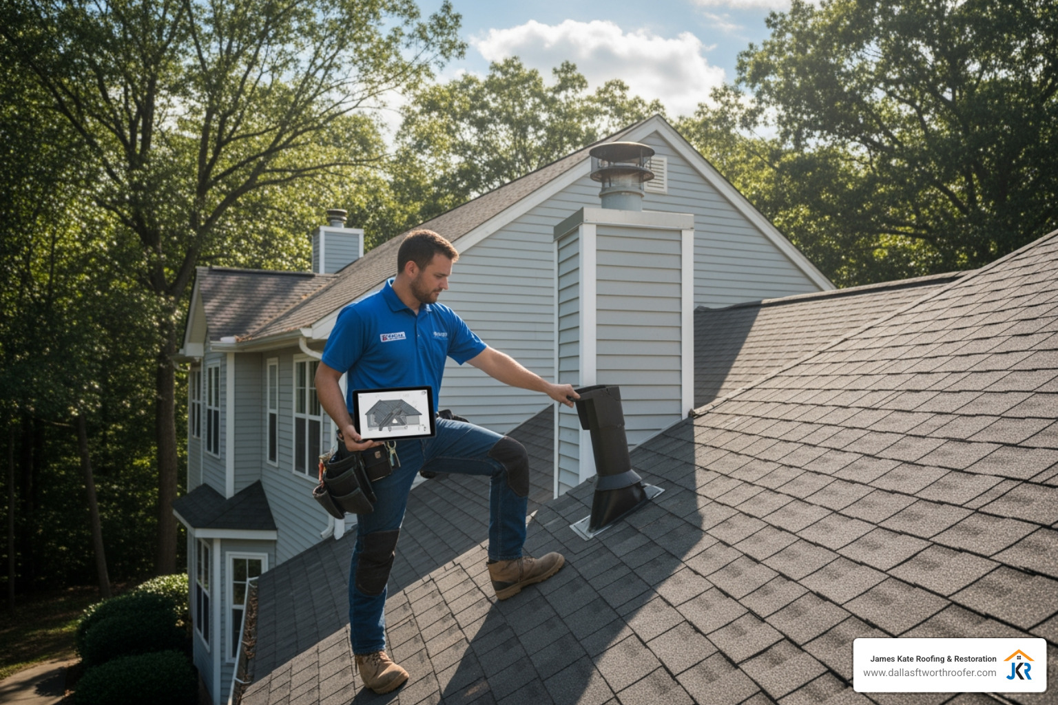 A roofer in a royal blue "James Kate" shirt using a tablet to conduct a detailed roof inspection - professional roofing company A roofer in a royal blue "James Kate" shirt using a tablet to conduct a detailed roof inspection - professional roofing company