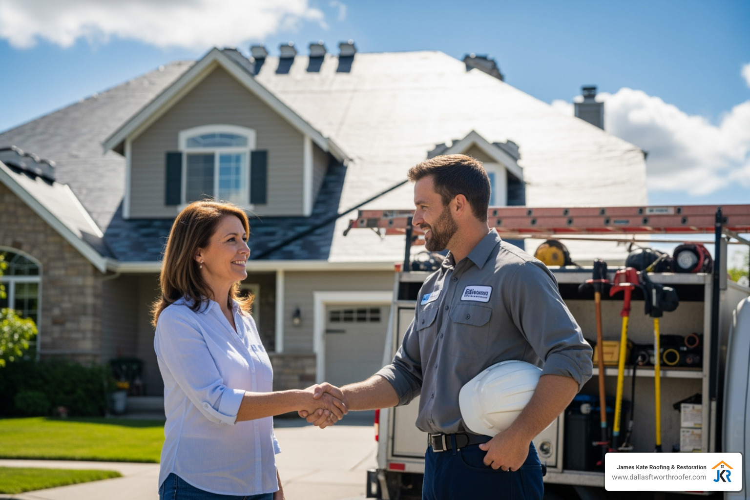 A homeowner confidently shaking hands with a friendly, professional roofer in a "James Kate" shirt - professional roofing company A homeowner confidently shaking hands with a friendly, professional roofer in a "James Kate" shirt - professional roofing company