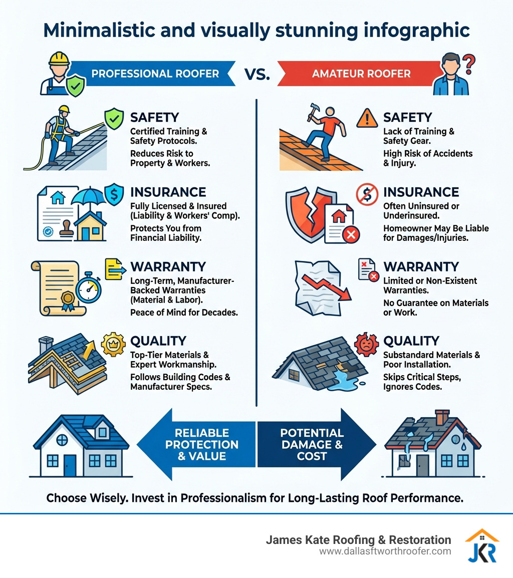 Infographic explaining the key differences between a professional roofer and an amateur, highlighting safety, insurance, warranty, and quality. - professional roofing company infographic Infographic explaining the key differences between a professional roofer and an amateur, highlighting safety, insurance, warranty, and quality. - professional roofing company infographic