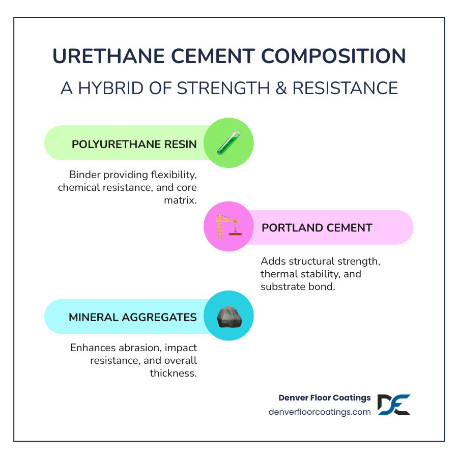 Infographic showing urethane cement composition with three labeled components: polyurethane resin binder providing chemical resistance and flexibility, Portland cement providing structural strength and thermal stability, and mineral aggregates providing abrasion resistance and thickness, all combining to form a seamless monolithic floor system - what is urethane cement infographic infographic-line-3-steps-colors Infographic showing urethane cement composition with three labeled components: polyurethane resin binder providing chemical resistance and flexibility, Portland cement providing structural strength and thermal stability, and mineral aggregates providing abrasion resistance and thickness, all combining to form a seamless monolithic floor system - what is urethane cement infographic infographic-line-3-steps-colors