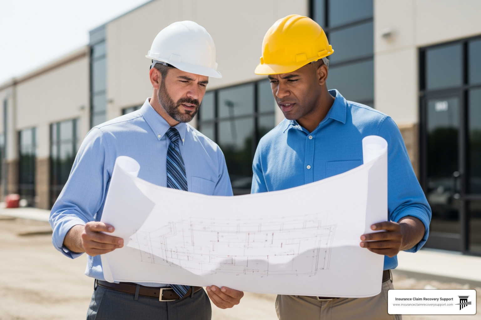 public adjuster reviewing blueprints with a property manager - commercial insurance claims adjuster