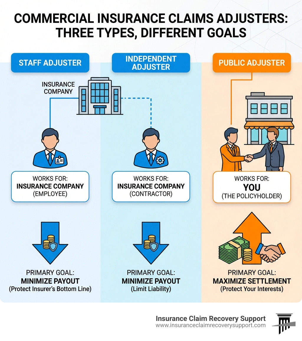 infographic showing the three types of commercial insurance claims adjusters: staff adjusters work for the insurance company as employees, independent adjusters work as contractors hired by insurance companies, and public adjusters work directly for policyholders to maximize settlements and protect their interests - commercial insurance claims adjuster infographic 