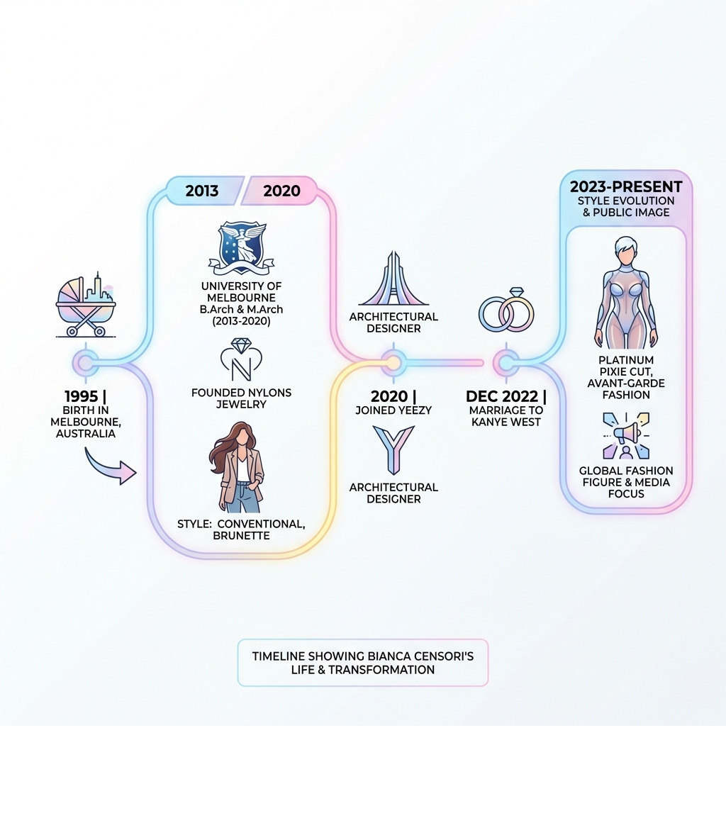 Infographic showing Bianca Censori's timeline from 1995 birth in Melbourne through her architecture education at University of Melbourne (2013-2020), founding Nylons Jewelry, joining Yeezy in 2020, marriage to Kanye West in December 2022, and her style evolution from long brunette hair and conventional clothing to platinum pixie cut and avant-garde fashion -  bianca censori before kanye infographic 