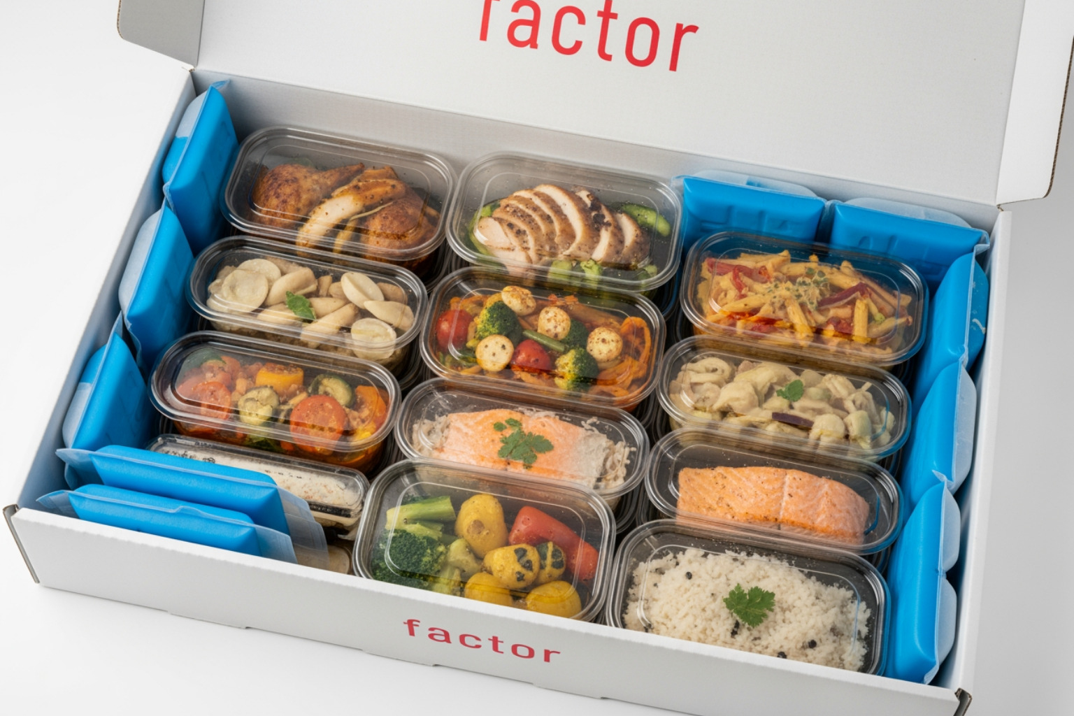 an open Factor delivery box showing the meals and ice packs - factor meals