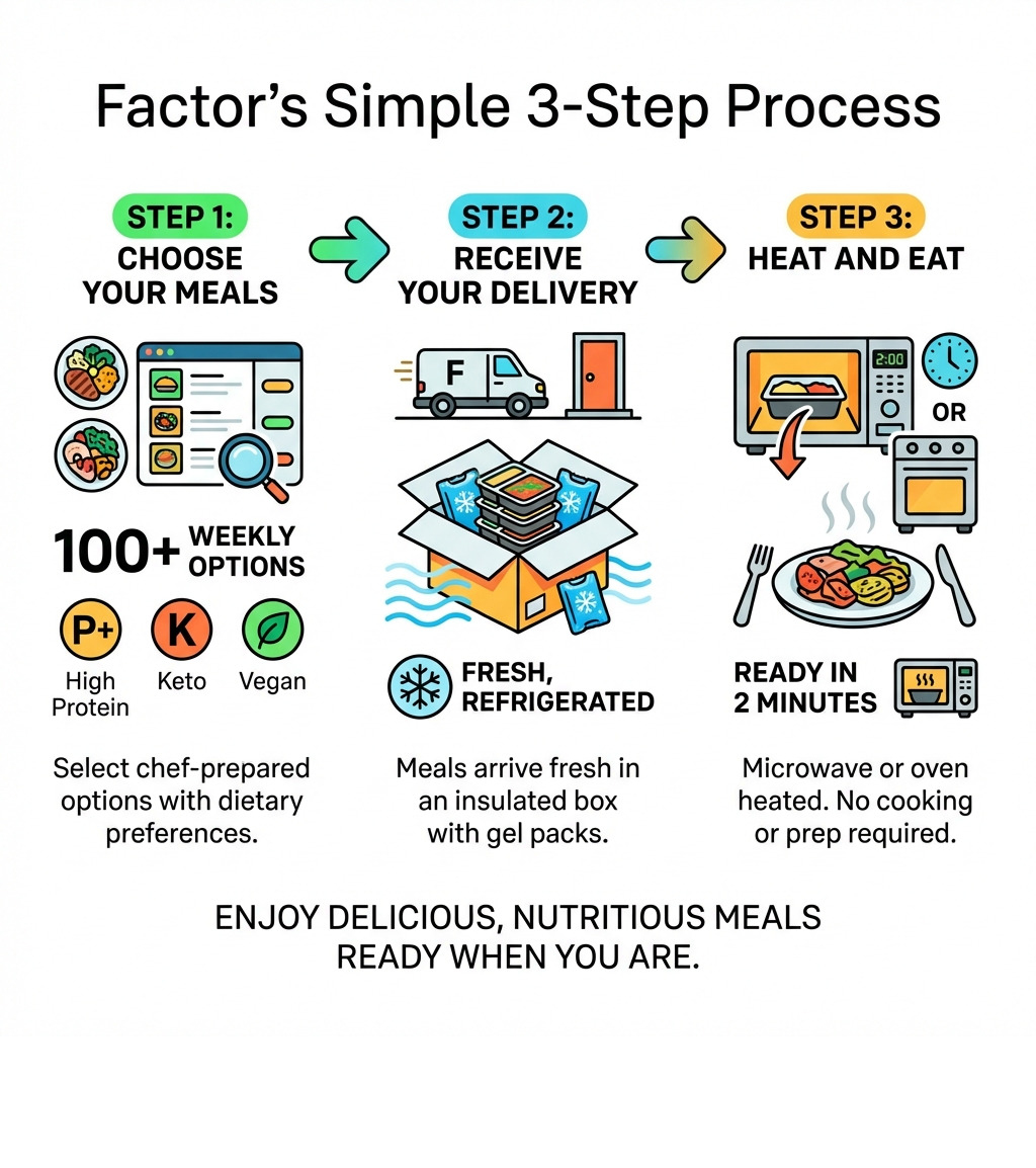 infographic showing Factor's 3-step process: Step 1 - Choose Your Meals from 100+ weekly options and select your dietary preferences like High Protein, Keto, or Vegan; Step 2 - Receive Your Delivery in an insulated box with gel packs to keep meals fresh and refrigerated; Step 3 - Heat and Eat in just 2 minutes using your microwave or oven, no cooking or prep required - factor meals infographic 