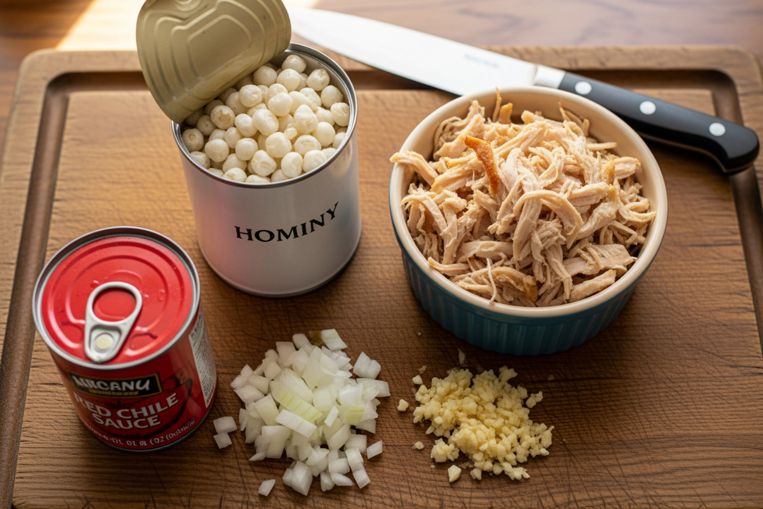 ingredients for quick pozole prepped on a cutting board: canned hominy, shredded chicken, canned chile sauce, chopped onion and garlic - pozole