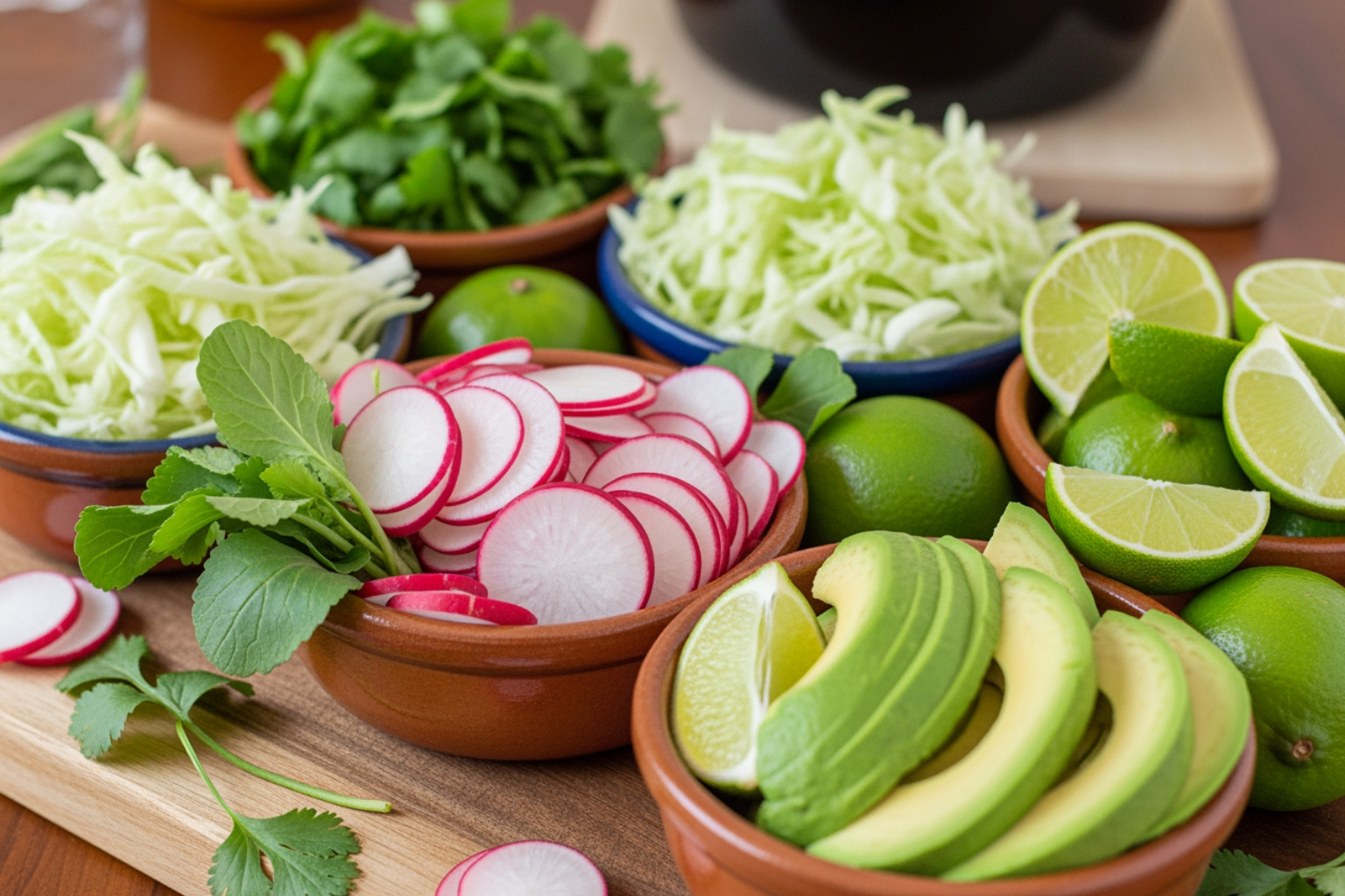garnish bar with small bowls of shredded cabbage, sliced radishes, chopped cilantro, lime wedges, and avocado - pozole