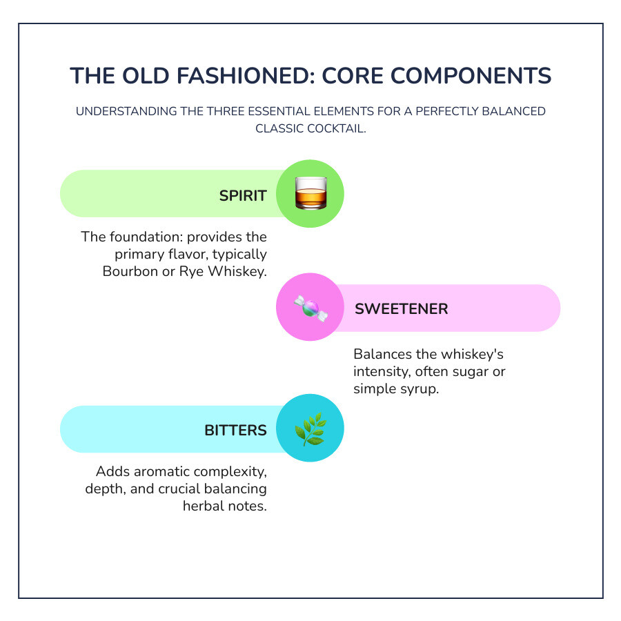 Infographic showing the three core components of an Old Fashioned: Spirit (whiskey bottle icon) provides the foundation and flavor, Sweetener (sugar cube icon) softens and balances the whiskey, and Bitters (bitters bottle icon) add complexity and depth - old fashioned recipe infographic infographic-line-3-steps-colors Infographic showing the three core components of an Old Fashioned: Spirit (whiskey bottle icon) provides the foundation and flavor, Sweetener (sugar cube icon) softens and balances the whiskey, and Bitters (bitters bottle icon) add complexity and depth - old fashioned recipe infographic infographic-line-3-steps-colors