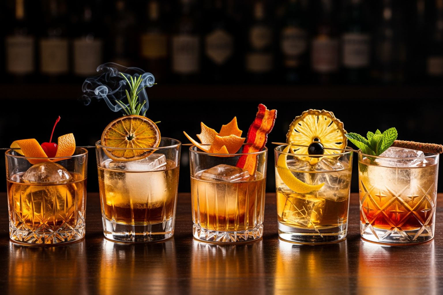 several different Old Fashioned variations side-by-side - old fashioned recipe several different Old Fashioned variations side-by-side - old fashioned recipe