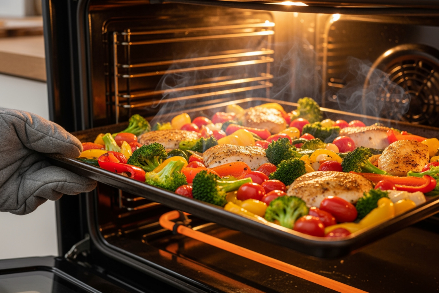 a colorful sheet pan dinner coming out of the oven - dinner ideas a colorful sheet pan dinner coming out of the oven - dinner ideas