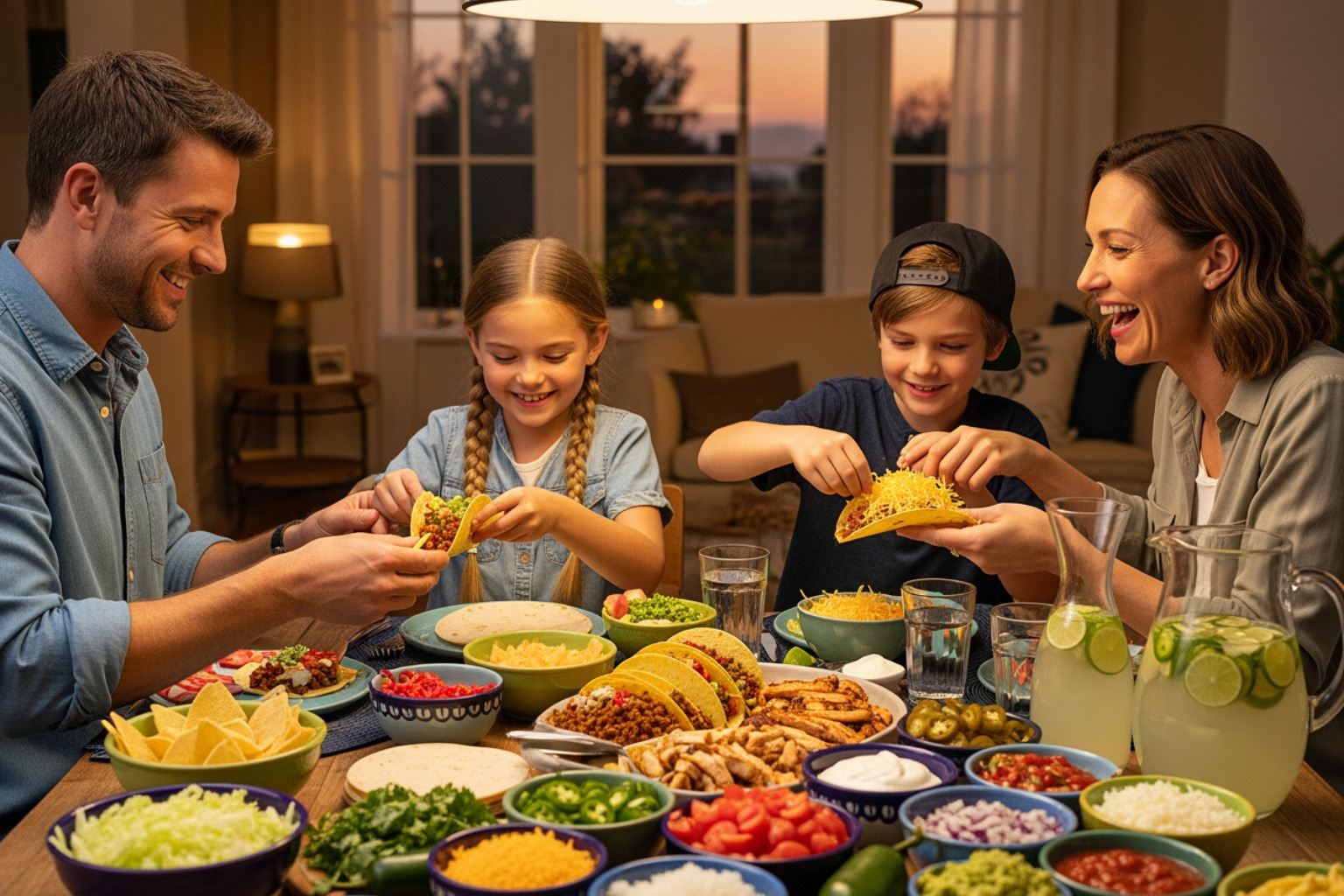 a family enjoying a taco night spread - dinner ideas a family enjoying a taco night spread - dinner ideas