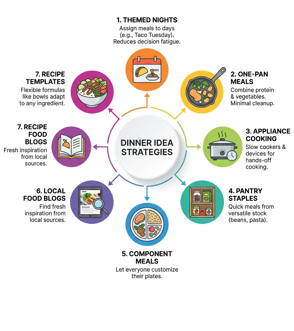 Infographic showing 7 strategies for finding dinner ideas: 1. Themed nights reduce decision fatigue by assigning meals to days, 2. One-pan meals combine protein and vegetables for minimal cleanup, 3. Slow cookers and appliances enable hands-off cooking, 4. Pantry staples like beans and pasta create quick meals, 5. Component meals let everyone customize their plates, 6. Local food blogs provide fresh inspiration, 7. Recipe templates like bowls adapt to any ingredients - dinner ideas infographic Infographic showing 7 strategies for finding dinner ideas: 1. Themed nights reduce decision fatigue by assigning meals to days, 2. One-pan meals combine protein and vegetables for minimal cleanup, 3. Slow cookers and appliances enable hands-off cooking, 4. Pantry staples like beans and pasta create quick meals, 5. Component meals let everyone customize their plates, 6. Local food blogs provide fresh inspiration, 7. Recipe templates like bowls adapt to any ingredients - dinner ideas infographic