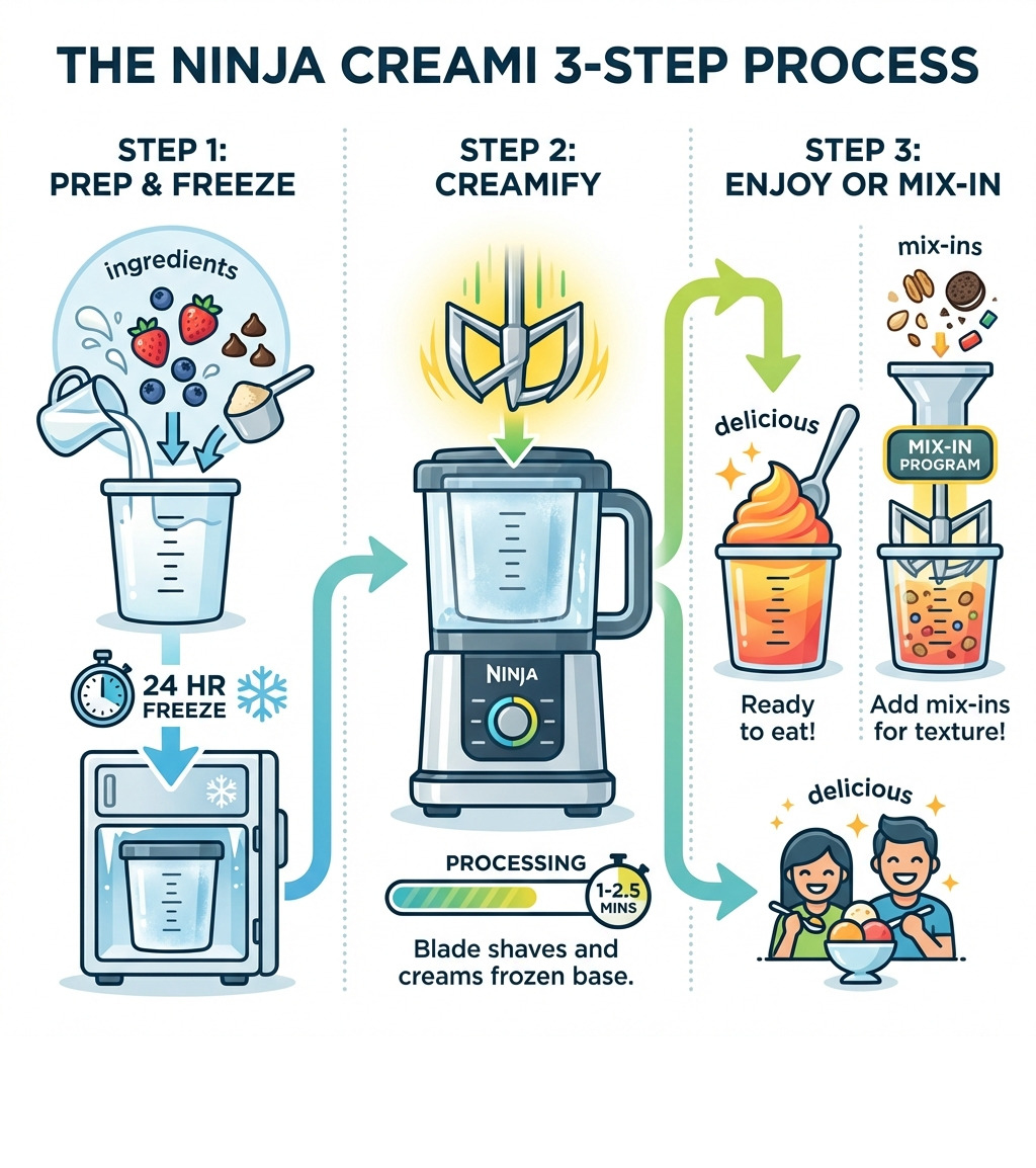 Infographic showing the Ninja Creami 3-step process: Step 1 shows a pint container being filled with ingredients and frozen for 24 hours in a freezer, Step 2 shows the frozen pint being placed in the machine and the Creamerizer blade descending to process it, Step 3 shows finished ice cream ready to eat or with mix-ins being added using the Mix-in program - ninja creami infographic Infographic showing the Ninja Creami 3-step process: Step 1 shows a pint container being filled with ingredients and frozen for 24 hours in a freezer, Step 2 shows the frozen pint being placed in the machine and the Creamerizer blade descending to process it, Step 3 shows finished ice cream ready to eat or with mix-ins being added using the Mix-in program - ninja creami infographic